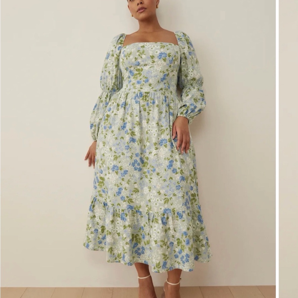Reformation - Mica Dress ES - Blue and Green Floral Midi Dress